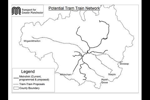 Map of proposed tram-train routes in Greater Manchester.